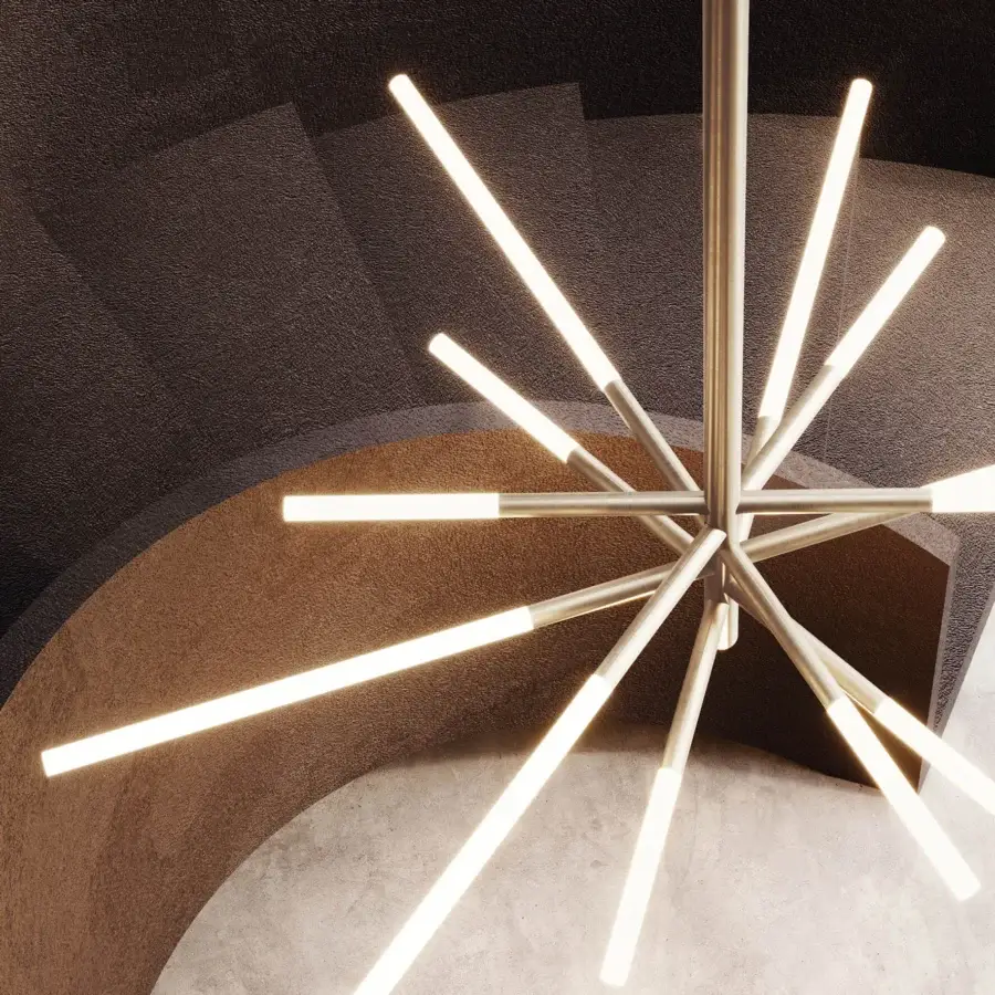 Superior Contardi Bianca suspension lamp crafted in metal with muted gold finish and radiating cylindrical light sources
