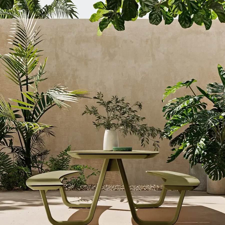 Elegant Atmosphera 8Teen table with benches crafted in muted olive green synthetic material with a matte finish