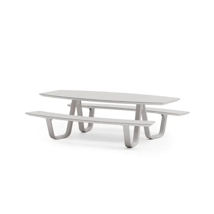 Sophisticated Atmosphera 8Teen table with benches crafted in light gray synthetic material with a sleek matte finish