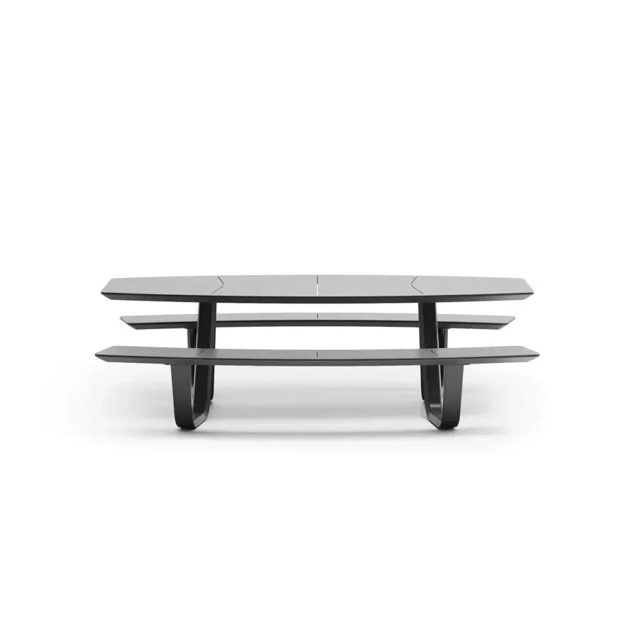 Elegant Atmosphera 8Teen table with benches crafted in dark gray wood composite with minimalist finish