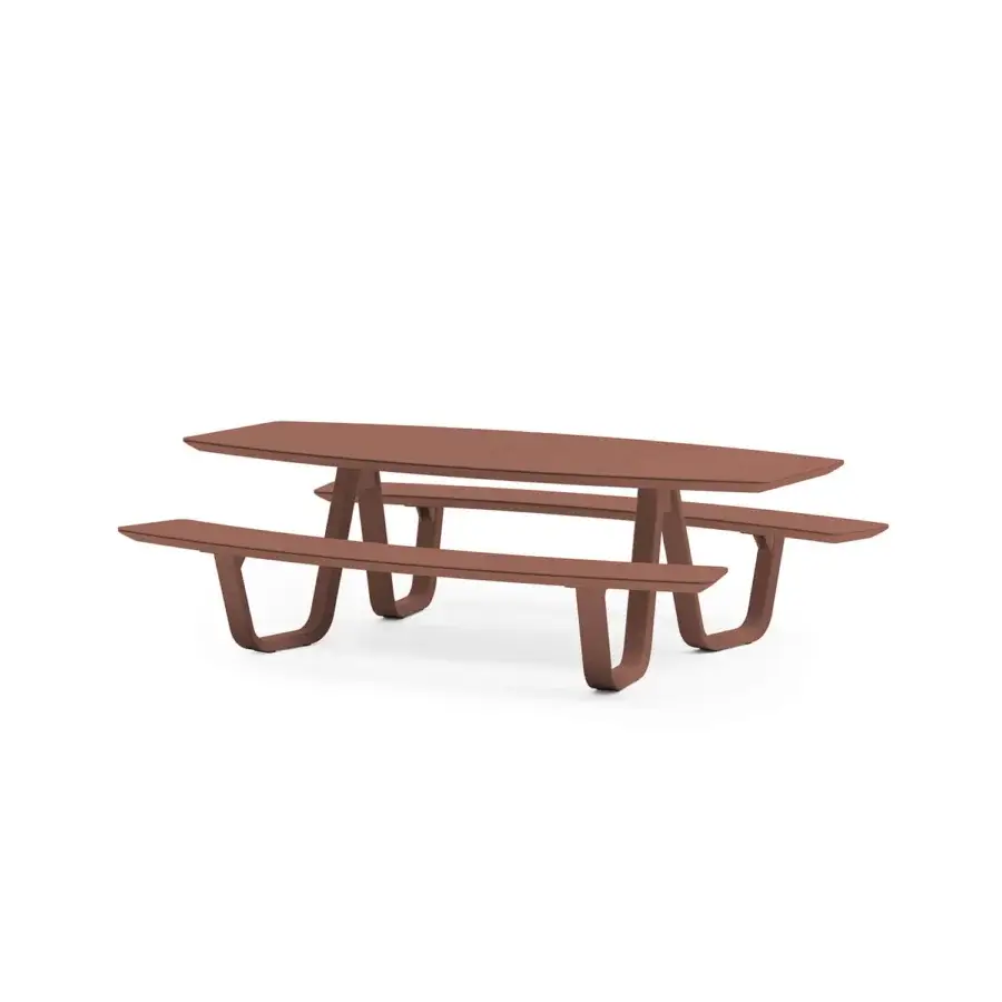 Distinguished Atmosphera 8Teen table with benches crafted in synthetic material with a matte terracotta finish for comfortable all-weather seating