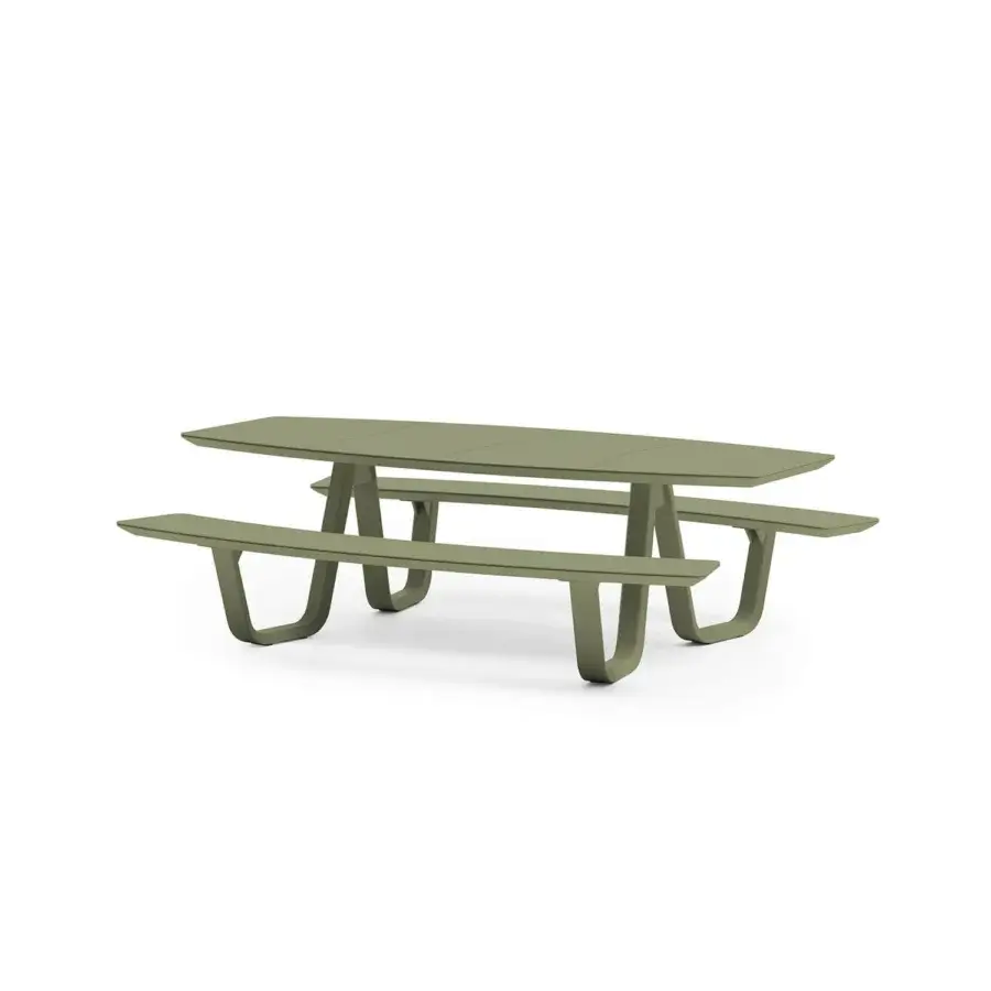 Exceptional Atmosphera 8Teen table with benches crafted in muted olive green synthetic material with millings for drainage