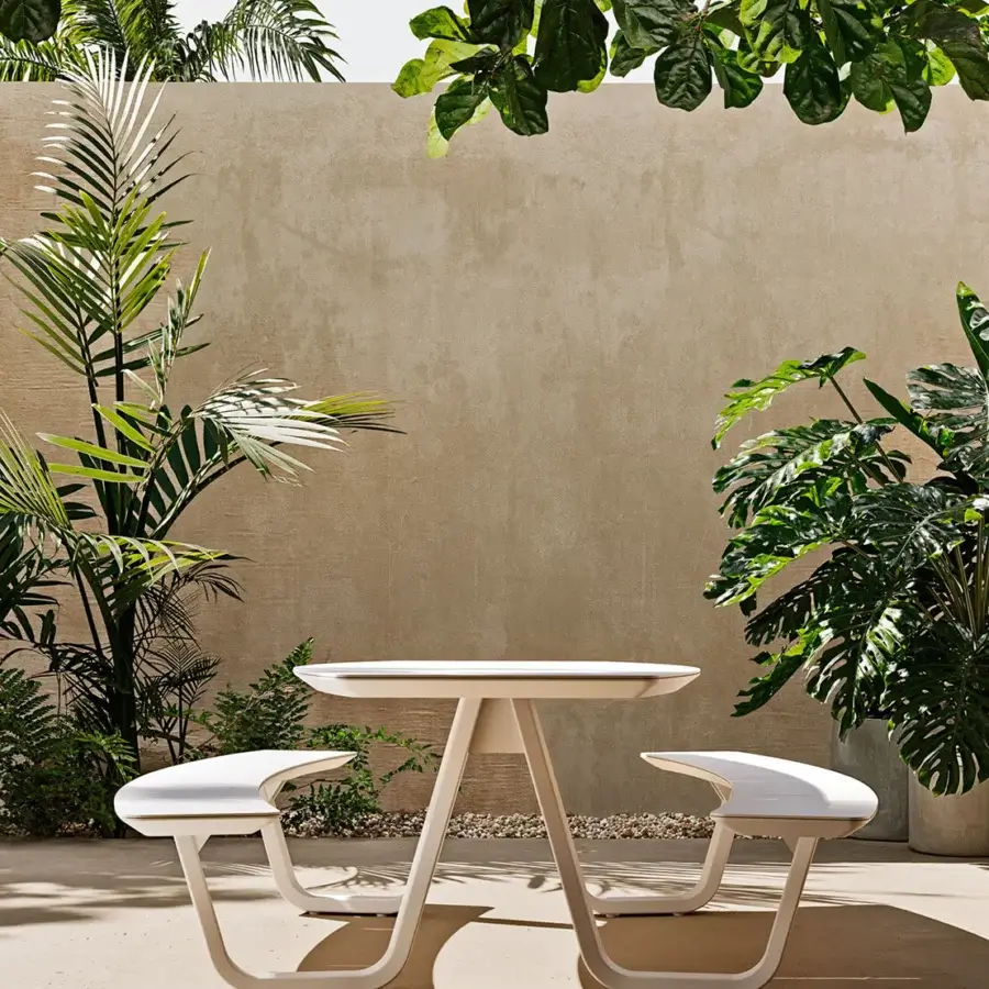 Distinctive Atmosphera 8Teen table with benches crafted in durable synthetic material with smooth matte finish