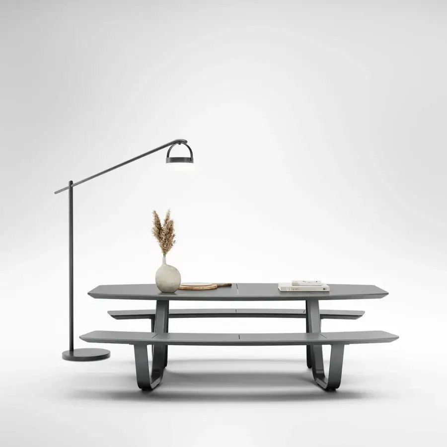 Distinguished Atmosphera 8Teen table with benches crafted in dark gray with a matte finish and seamless curved seating
