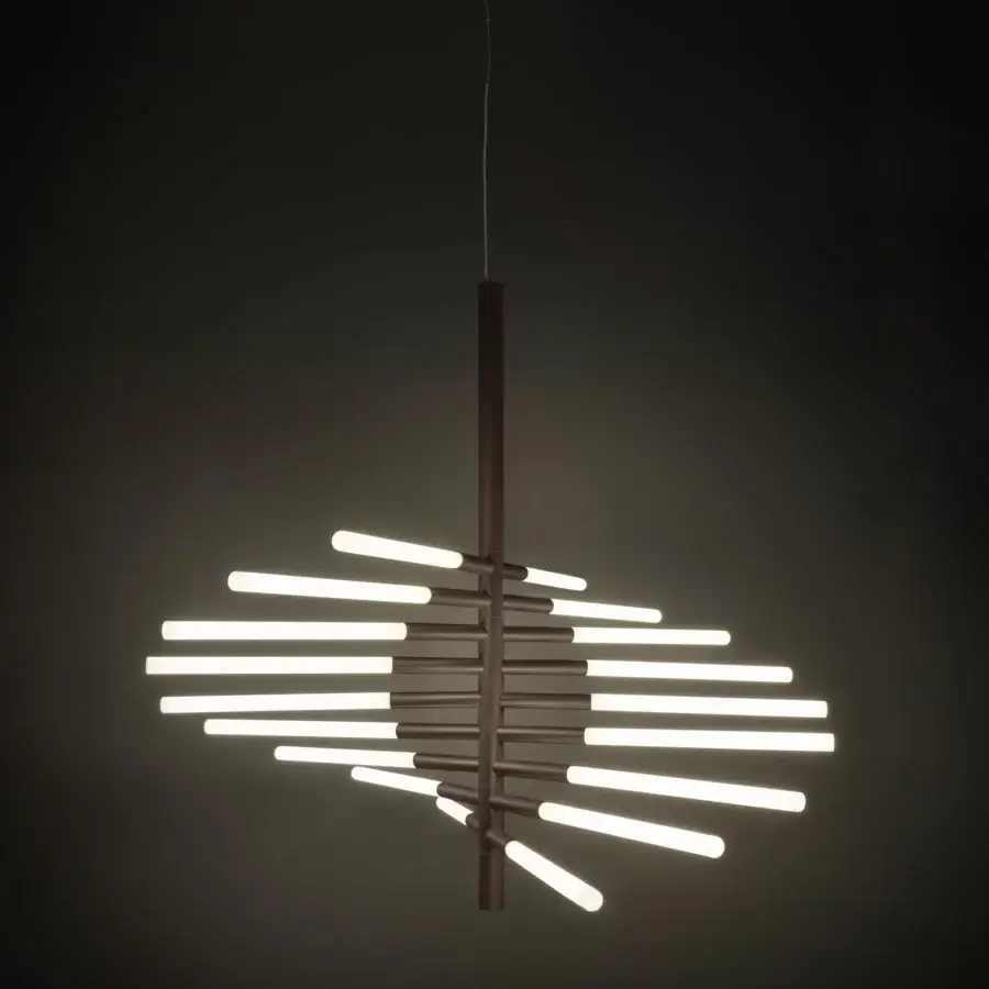 Superior Contardi Bianca Twist suspension lamp crafted in dark matte steel with translucent tubes radiating warm white illumination