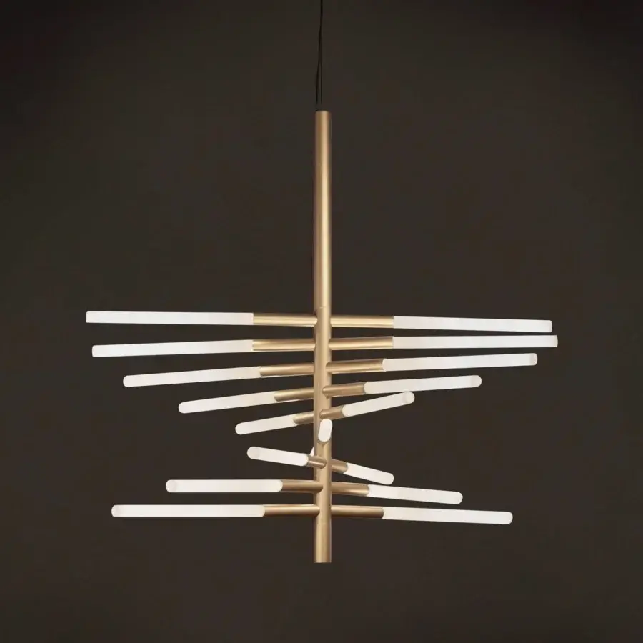 Exceptional Contardi Bianca Twist suspension lamp in steel with brass finish and milky white glass arms