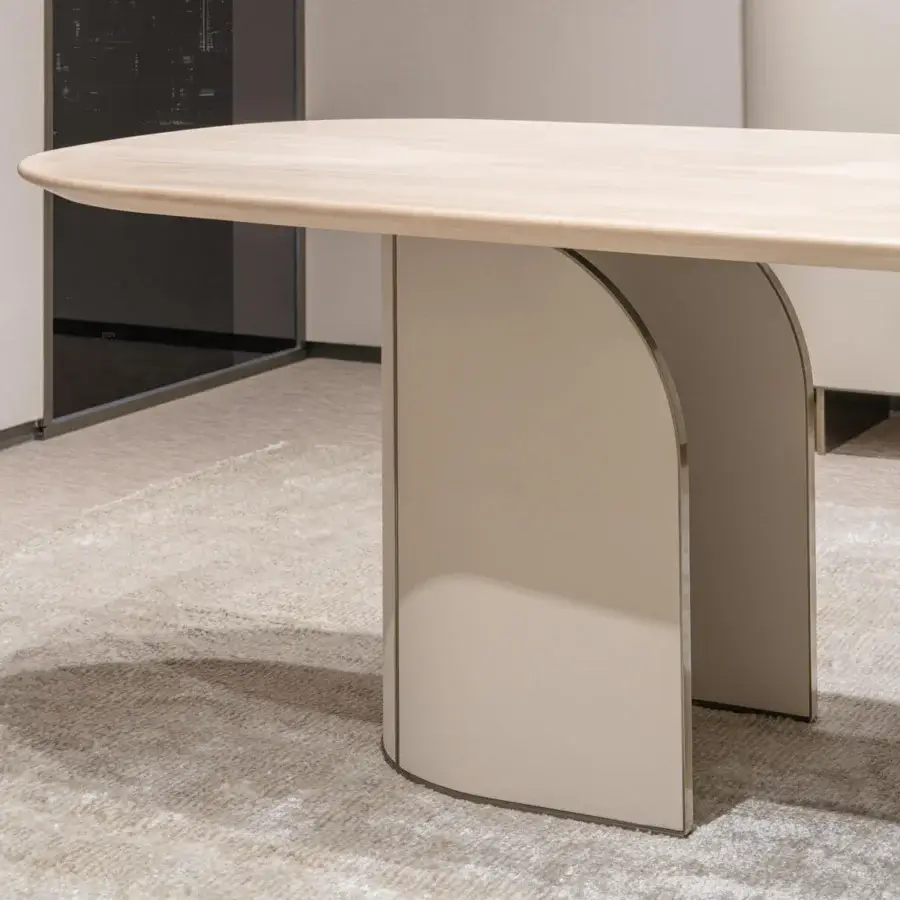 Exceptional Capital Duna table with gently curved natural wood tabletop and smooth light gray base crafted with subtle metallic trim