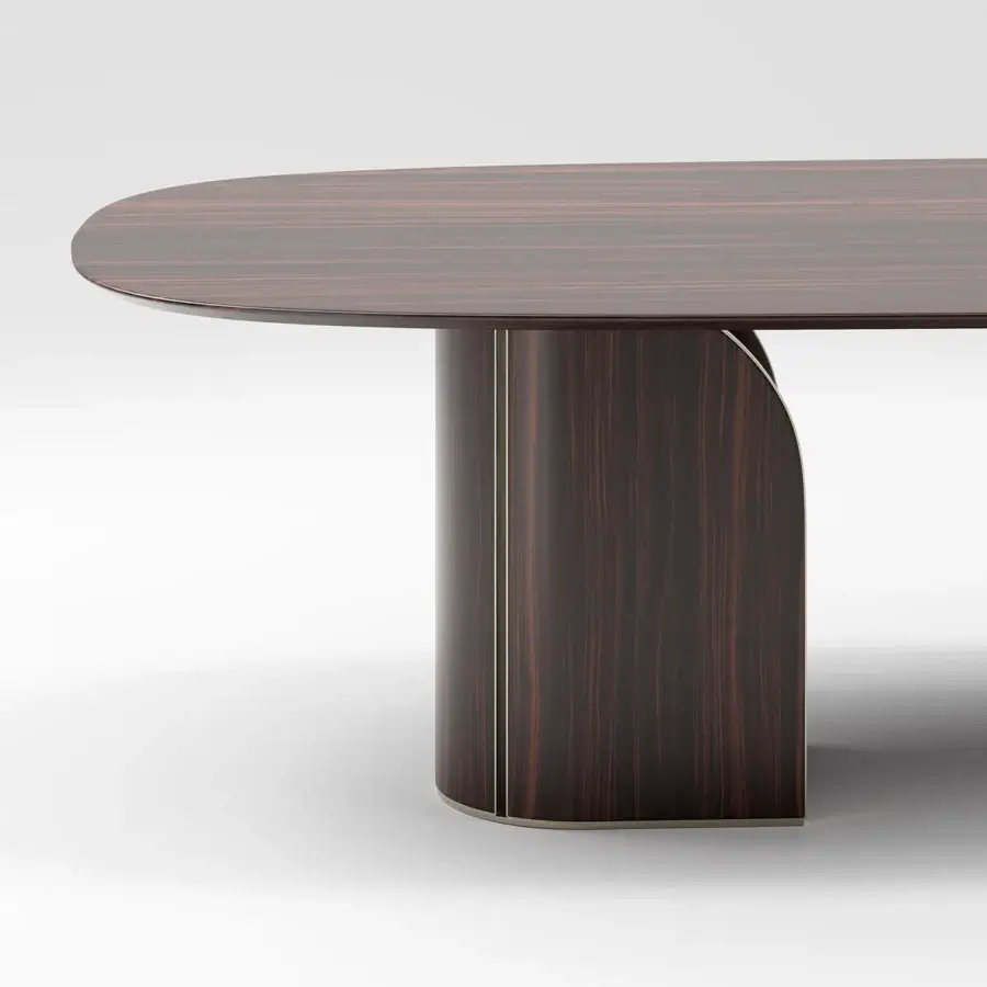 Distinguished Capital Duna table with dark brown wood tabletop, satin finish and uniquely curved wooden base built with metallic accents