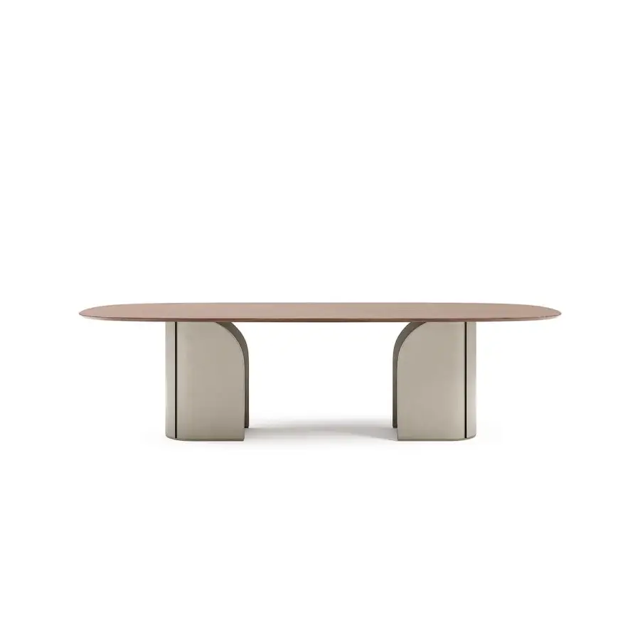 Distinguished Capital Duna table with reddish-brown wood tabletop, light neutral base supports and satin finish