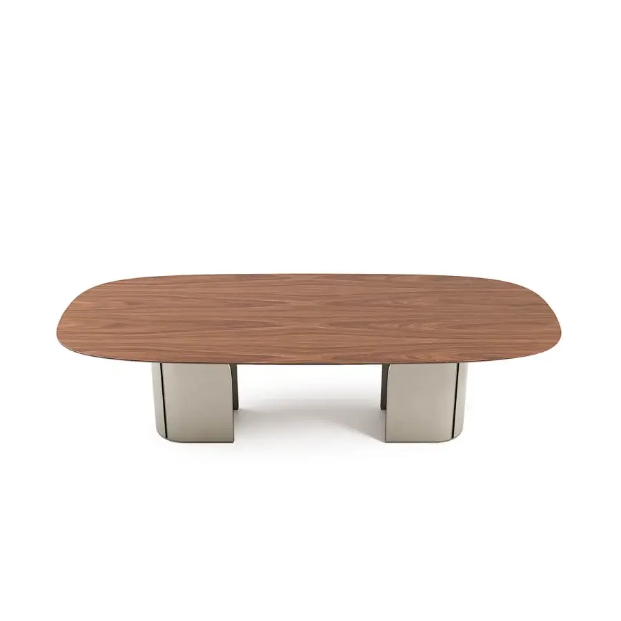 Superior Capital Duna table with satin finish wood tabletop and subtly curved light gray metallic pedestal bases
