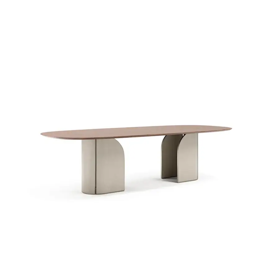 Distinguished Capital Duna table with gently rounded wood tabletop and light gray matte base crafted in refined Italian style with a satin finish