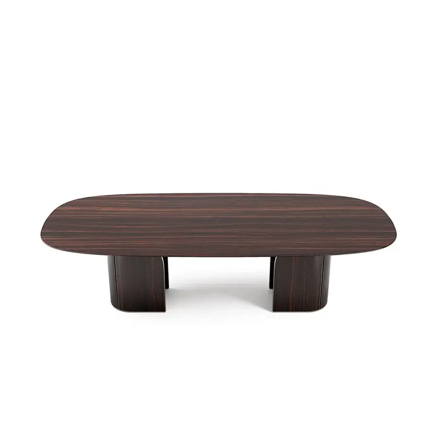Exceptional Capital Duna table with softly curved form and luminous base crafted in reddish-brown wood with satin finish