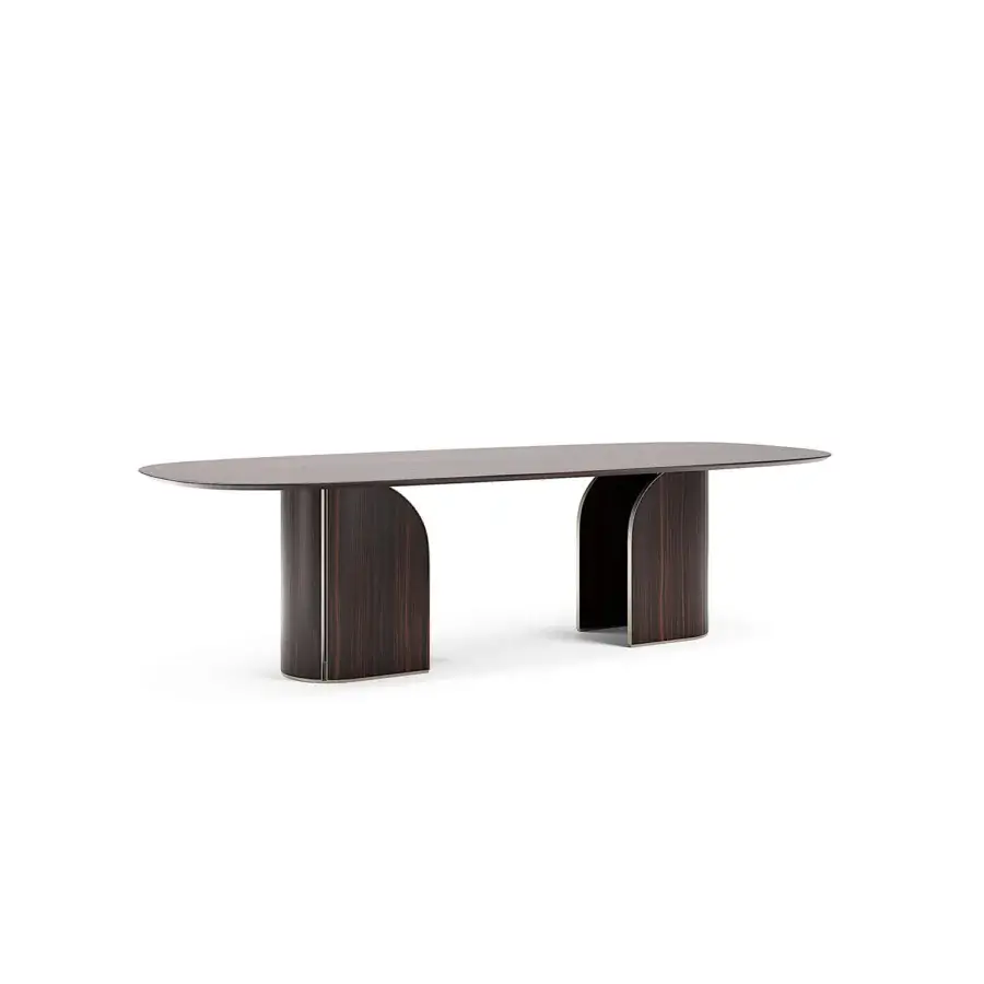 Distinguished Capital Duna table with flowing form and vertically oriented wood bases crafted with a dark satin finish