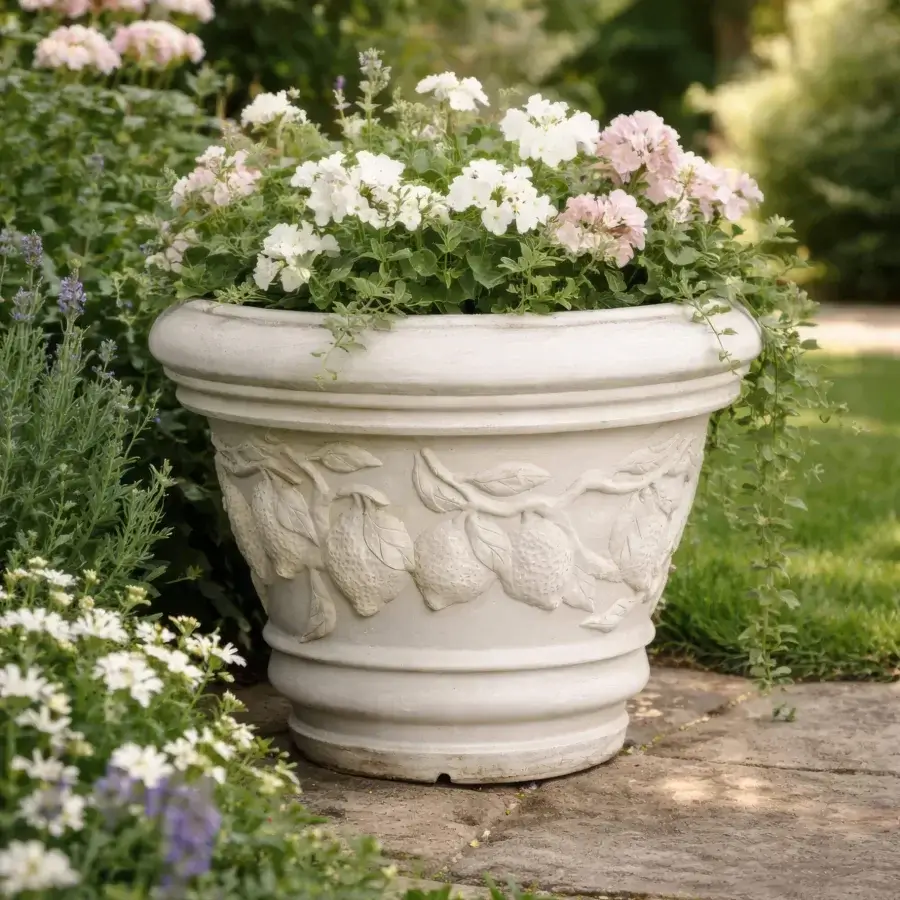 Distinguished Serralunga Decorati Limoni planter crafted in light beige LLDPE with a textured matte finish