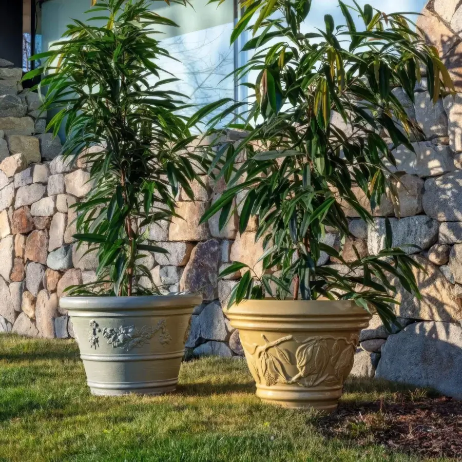 Exceptional Serralunga Decorati Limoni planter with lemon motif crafted in muted yellow LLDPE plastic with textured finish