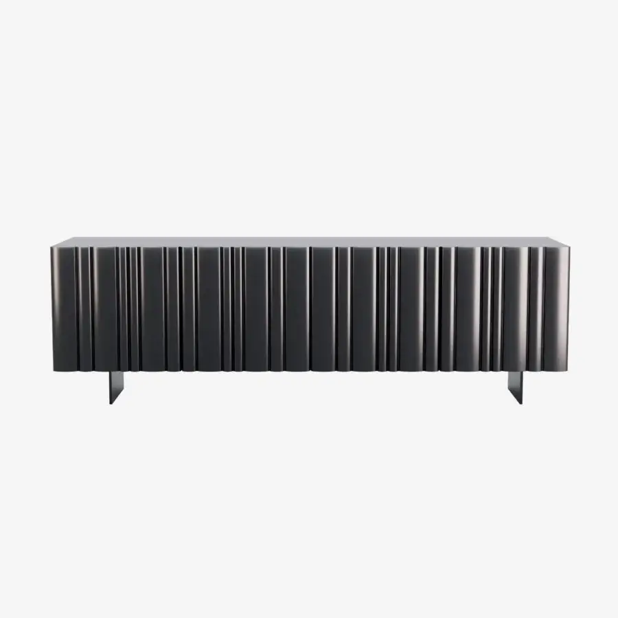 Superior Tonin Casa Bombé sideboard crafted in matte black lacquered wood with glossy black lacquered rounded slat doors