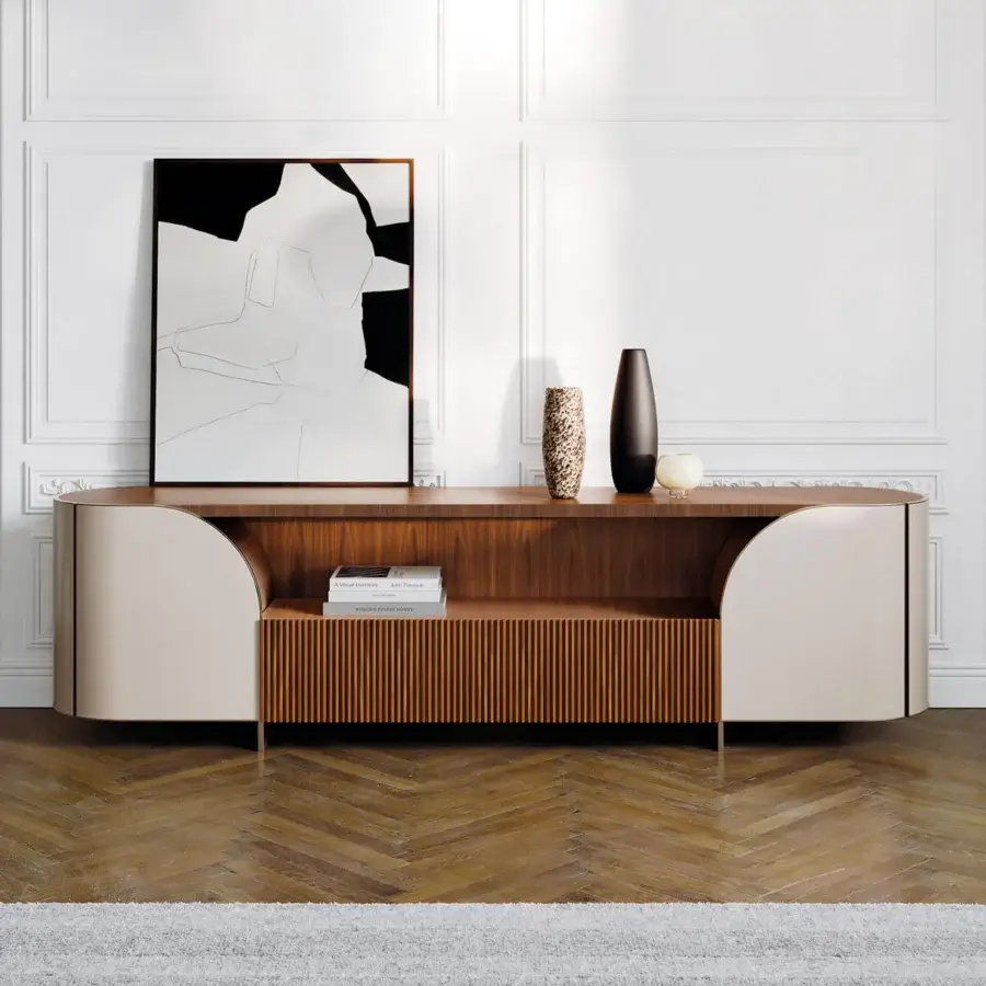 Distinguished Capital Duna sideboard with medium-toned wood veneer and neutral beige vertically ribbed construction in a satin finish