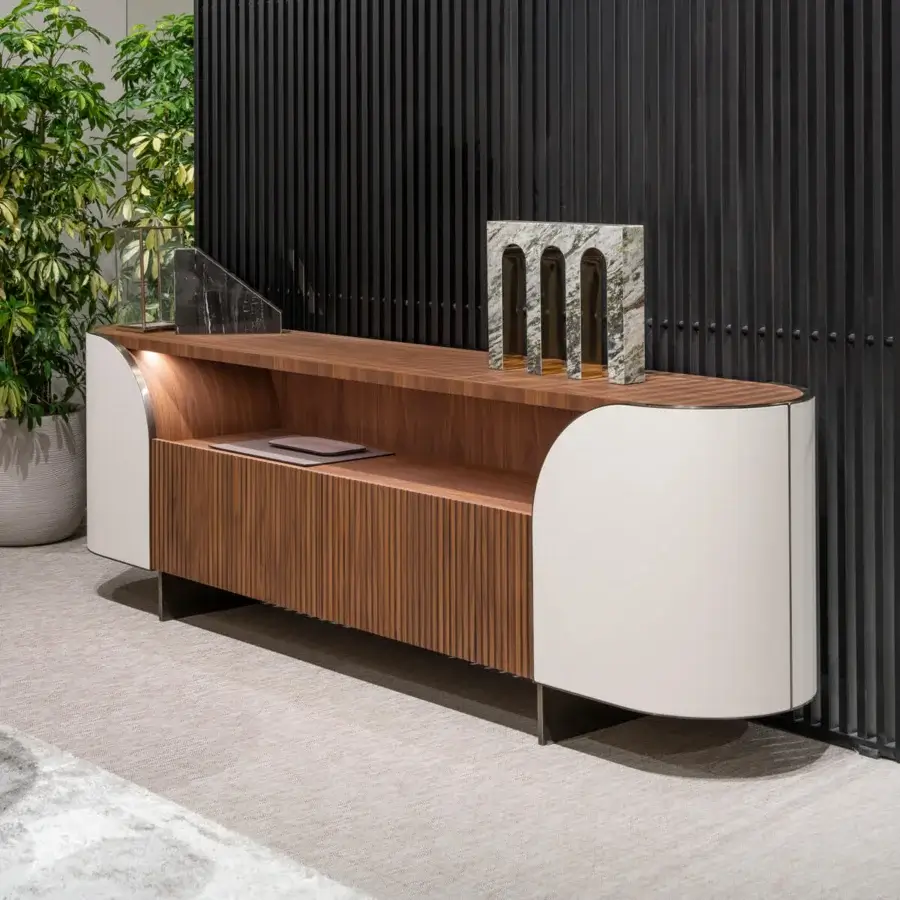 Exclusive Capital Duna sideboard with warm brown wood veneer, bronzed glass shelves and vertically aligned wooden slats