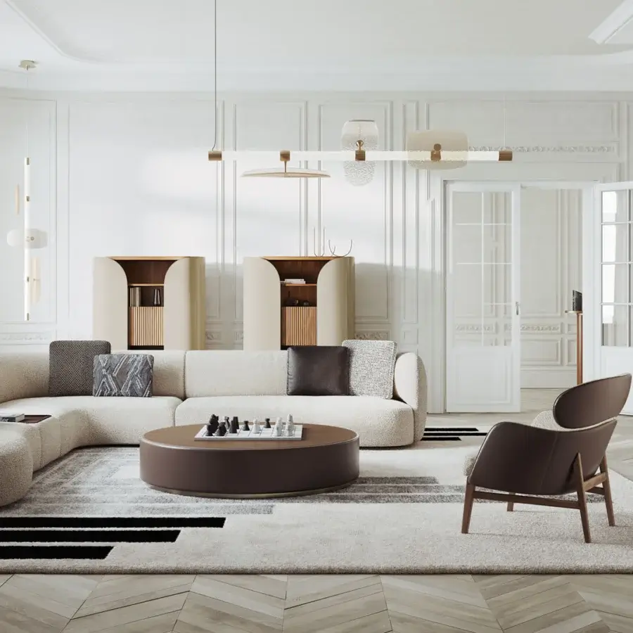 Superior Capital Duna sideboard with medium brown wood veneer, cannette drawers and bronzed glass shelves within beige panels