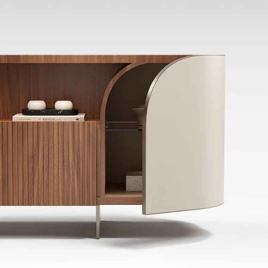 Captivating Capital Duna sideboard with warm brown wood veneer and polished metallic details, built in Italy with bronzed glass shelving