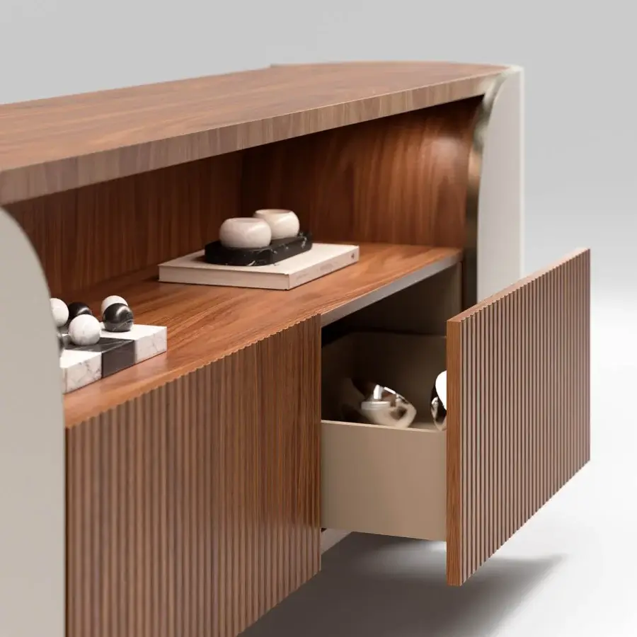 Exceptional Capital Duna sideboard with curved silhouette, warm brown wood veneer, bronzed glass shelves and metallic accents