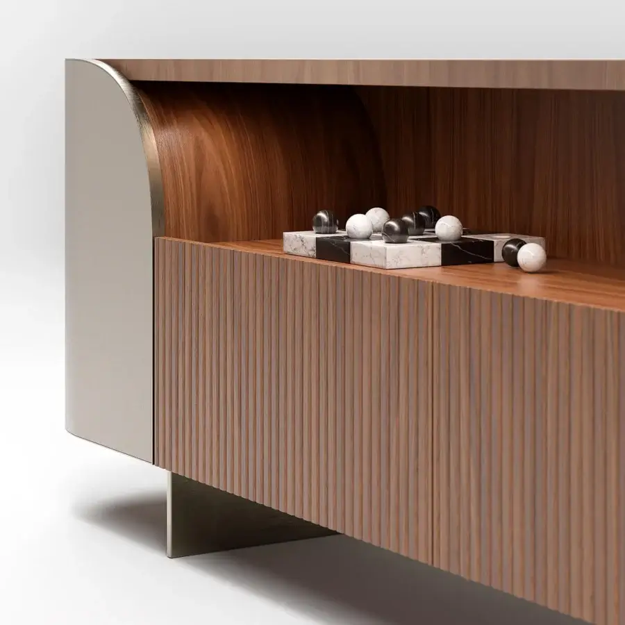 Luxury Capital Duna sideboard with captivating curved form, warm brown wood veneer, and bronzed glass shelves crafted with cannette finish
