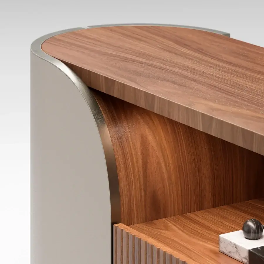 Superior Capital Duna sideboard with sweeping curved silhouette, warm brown wood veneer, satin finish and bronzed glass shelves