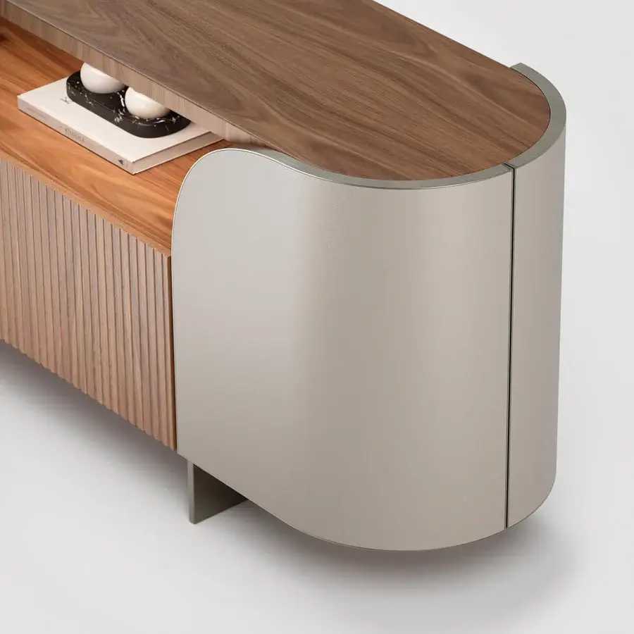 Distinguished Capital Duna sideboard with warm brown wood veneer and light gray cannette finished doors built with slender angled metal legs