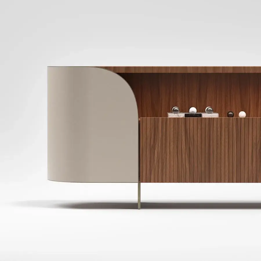 Exceptional Capital Duna sideboard crafted with warm brown wood veneer, neutral beige curved panel, bronzed glass shelves and cannette drawers