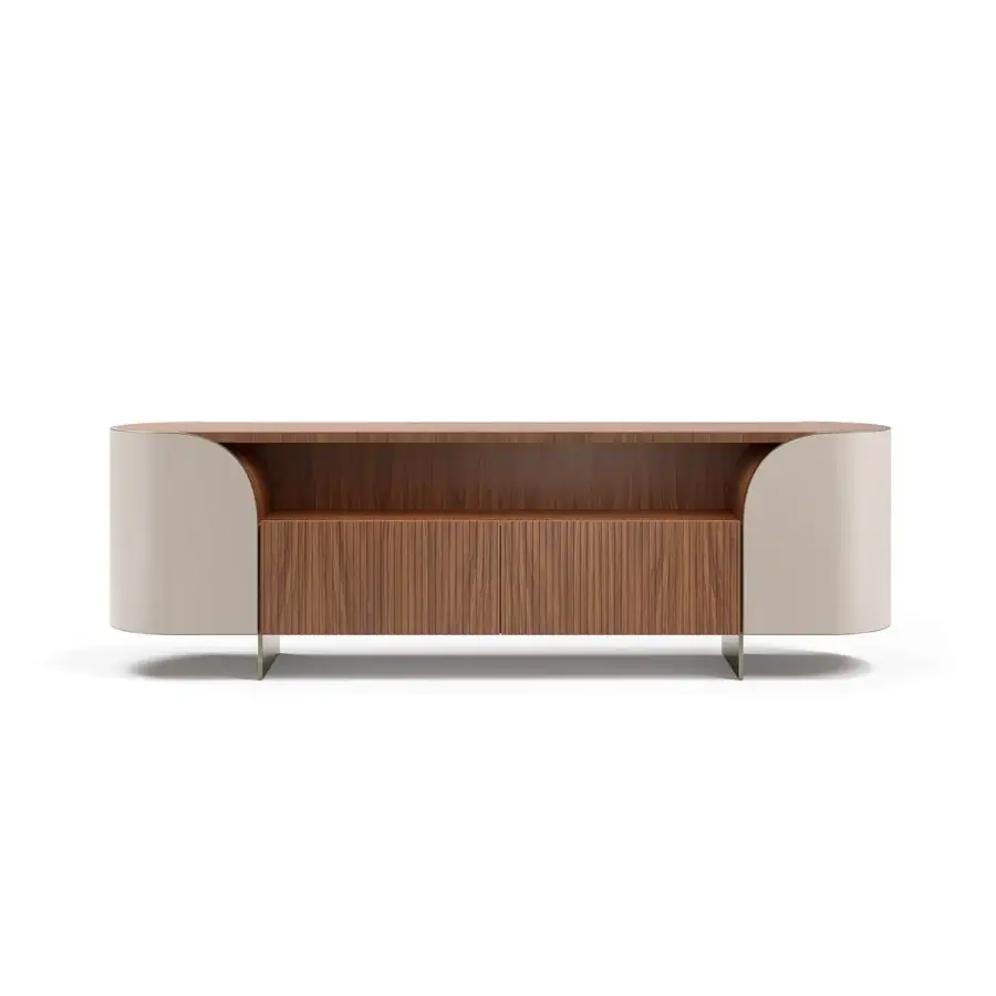 Distinguished Capital Duna sideboard with gently curved form, warm brown wood veneer, cannette drawers and bronzed glass shelving