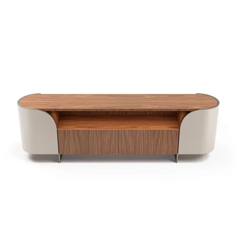 Superior Capital Duna sideboard with curved silhouette, warm brown wood veneer and cannette finished drawers