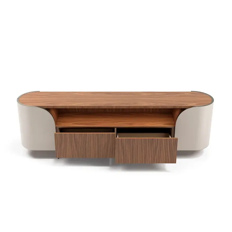 Distinguished Capital Duna sideboard with gently curved silhouette, warm brown wood veneer and satin finish