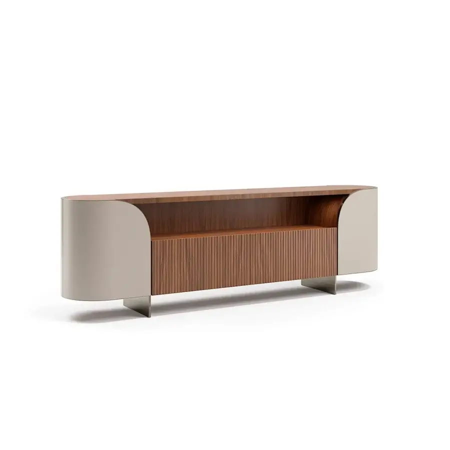 Exceptional Capital Duna sideboard with beige synthetic sides, ribbed wood paneling and reddish-brown lacquered wood top built with a metal base