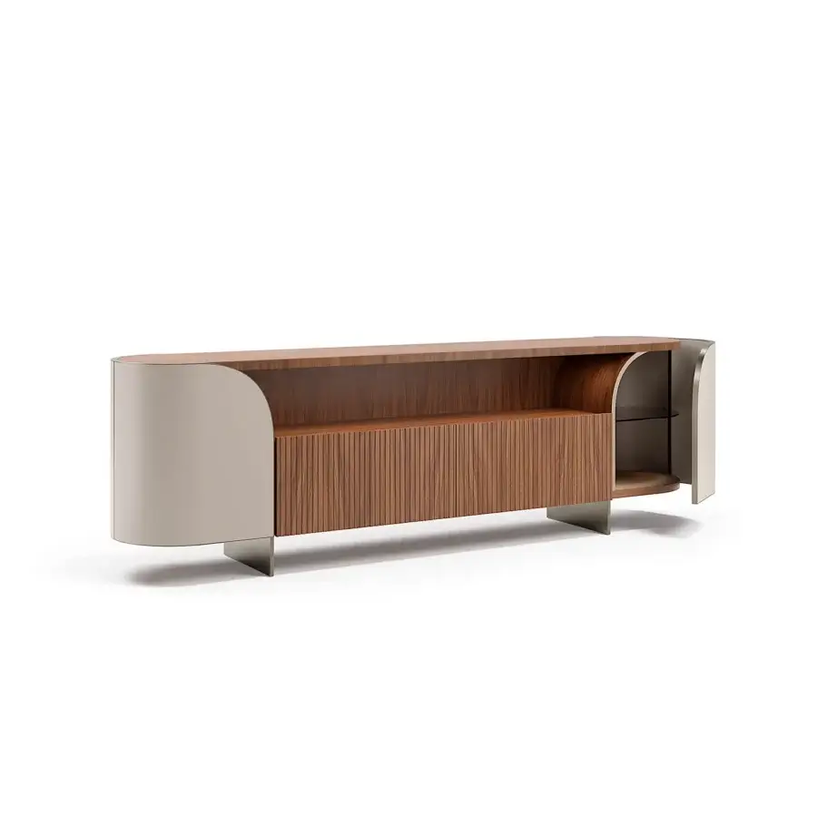 Captivating Capital Duna sideboard with curved silhouette, bronzed glass shelving and warm medium-brown wood veneer finish