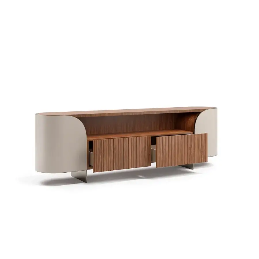 Superior Capital Duna sideboard with rounded form, striped wood cannette drawers and metallic legs in wood veneer