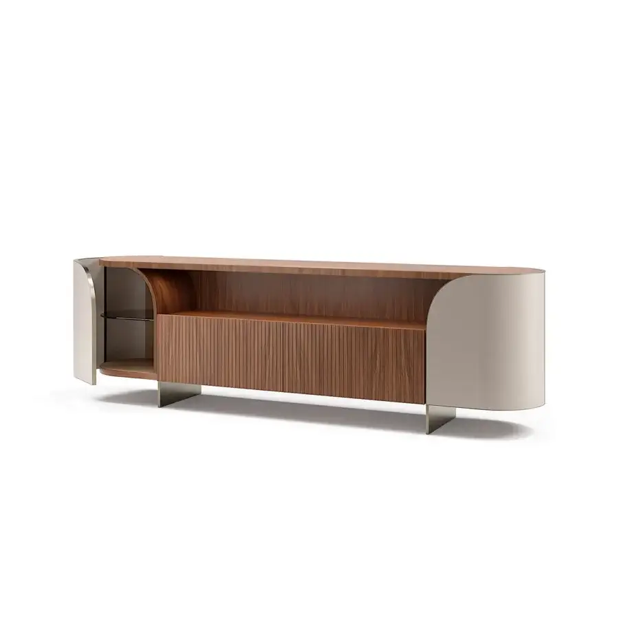 Distinguished Capital Duna sideboard with curved silhouette, cannette drawers and bronzed glass shelving in warm brown tones and lacquer finish