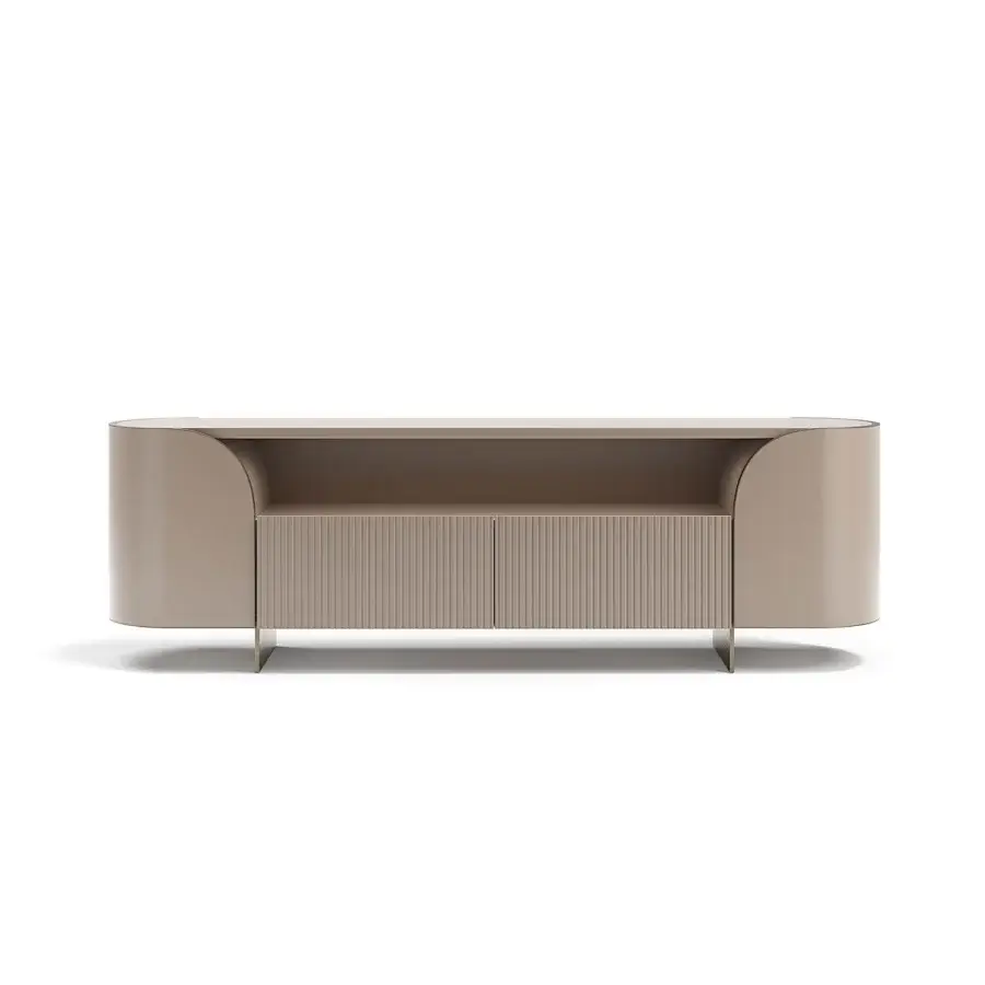 Exceptional Capital Duna sideboard with warm beige lacquer, cannette detailing and bronzed glass shelving within
