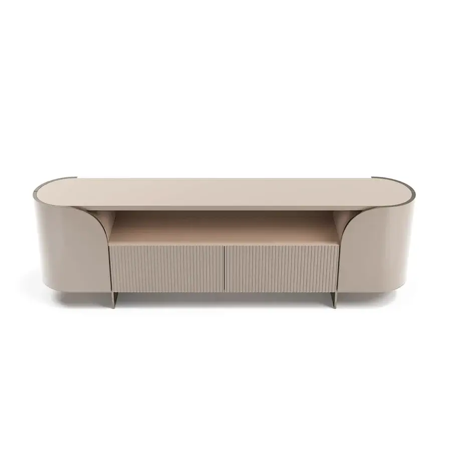 Superior Capital Duna sideboard with low, organic form, cannette drawers and bronzed glass shelving in muted beige lacquer