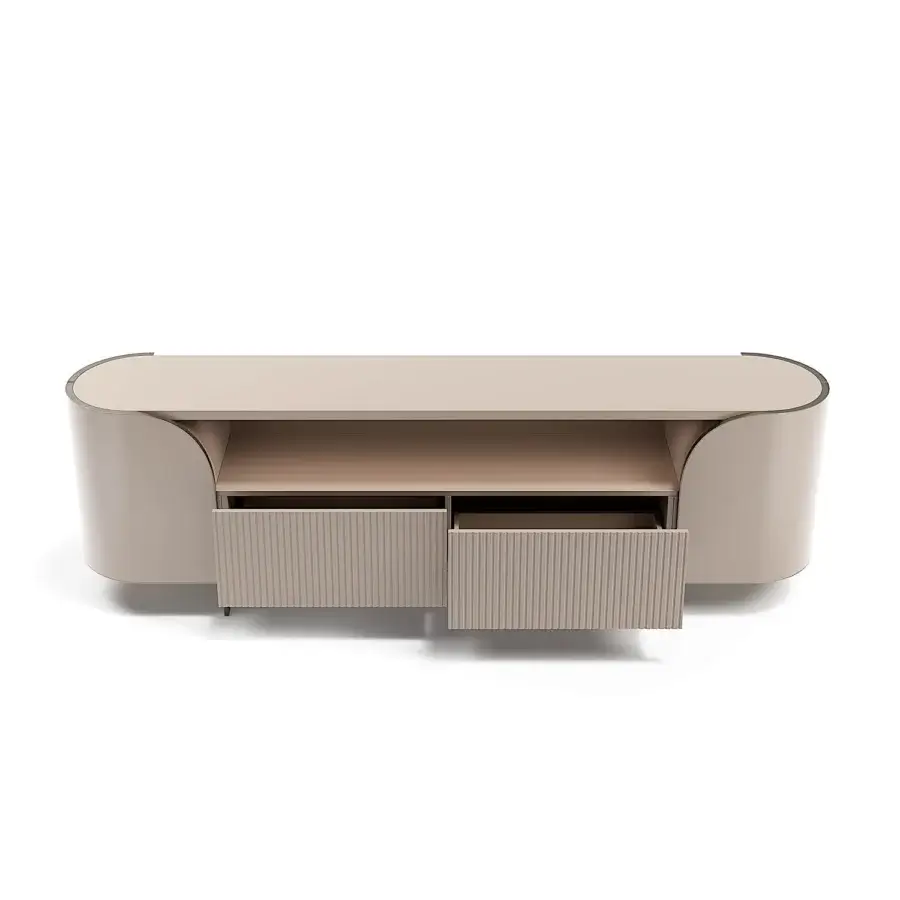 Distinguished Capital Duna sideboard with gently curved form, cannette drawers and bronzed glass shelves in lacquer finish