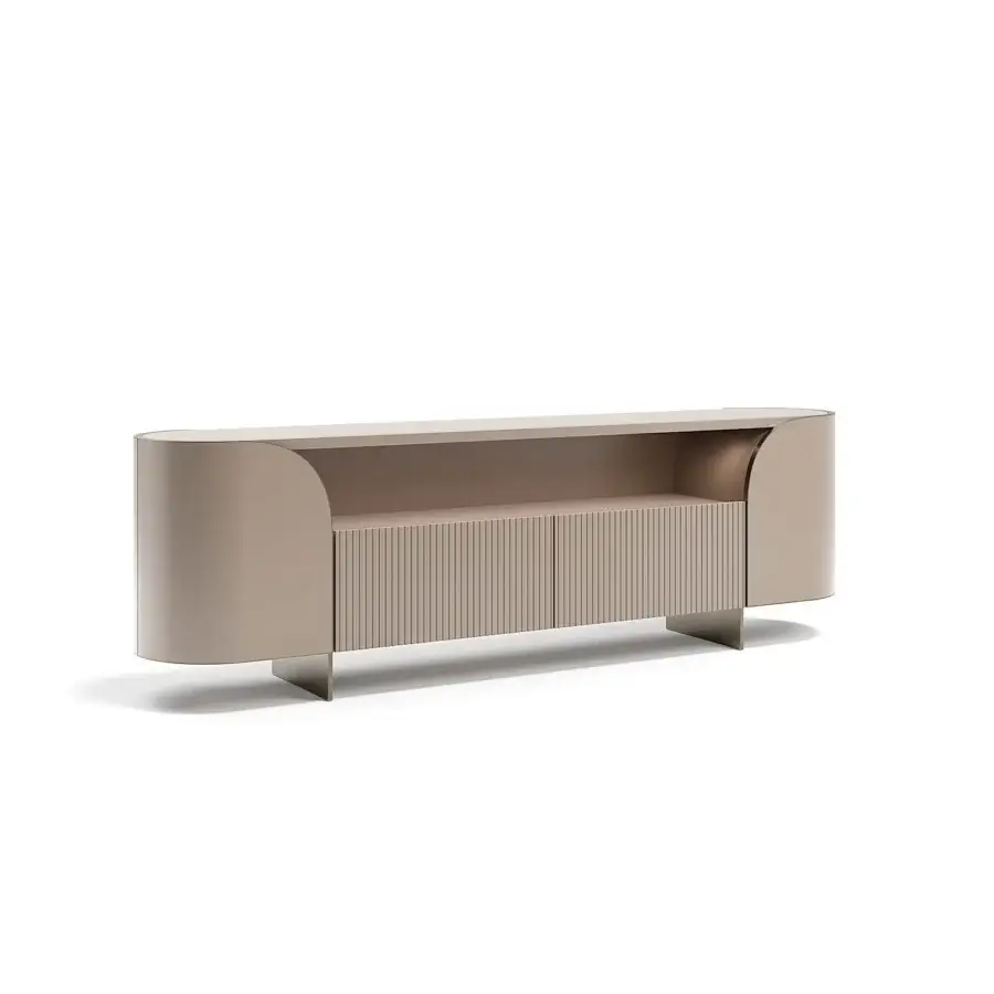 Exceptional Capital Duna sideboard with low oval form, cannette drawers and bronzed glass shelving in wood veneer