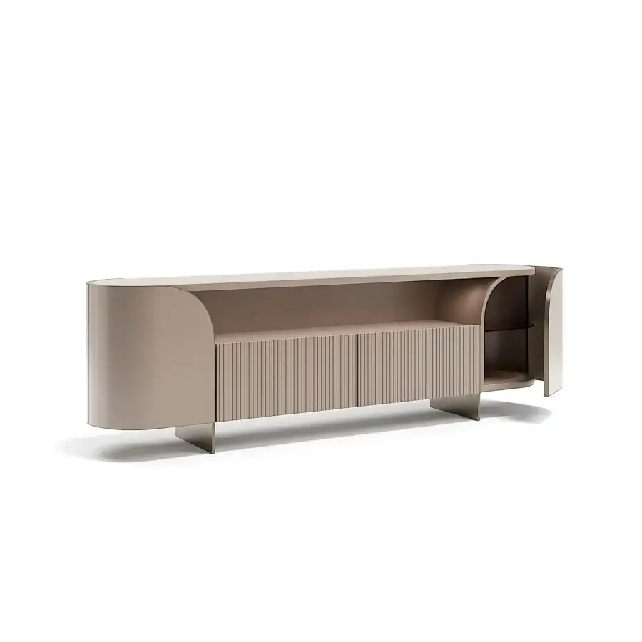 Captivating Capital Duna sideboard with warm taupe cannette detailing and subtle bronzed glass shelves crafted in Italy with matte lacquer