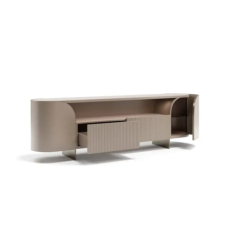 Superior Capital Duna sideboard with low silhouette, cannette drawers and ribbed doors in muted taupe lacquer with bronzed glass shelving