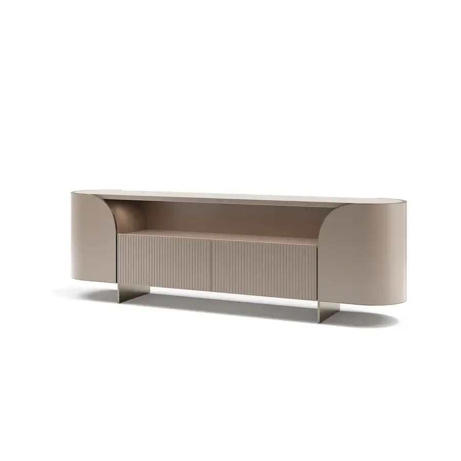 Distinguished Capital Duna sideboard with elongated oval form, cannette detailing and refined metallic base in muted beige lacquer