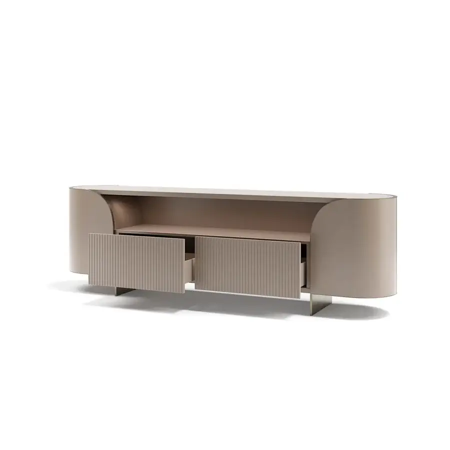 Exceptional Capital Duna sideboard with curved form, cannette drawers and bronzed glass shelves in wood veneer or smooth leather finish