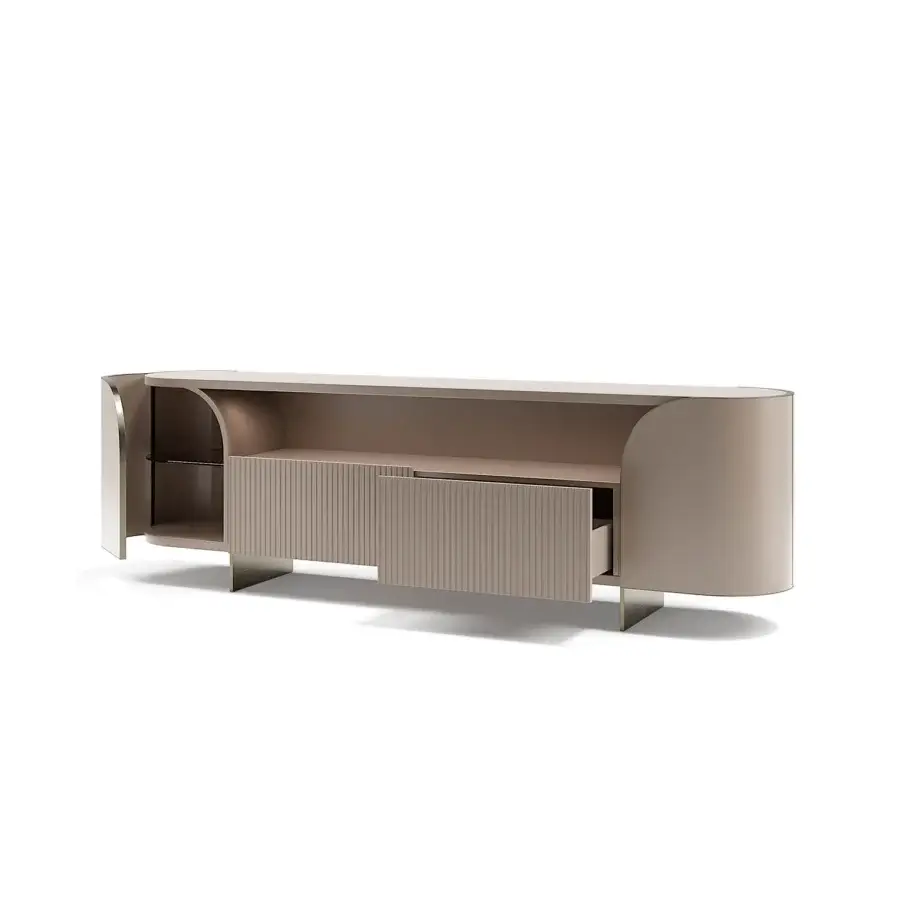 Luxury Capital Duna sideboard with low, wide form, cannette detailing and bronzed glass shelving in wood veneer