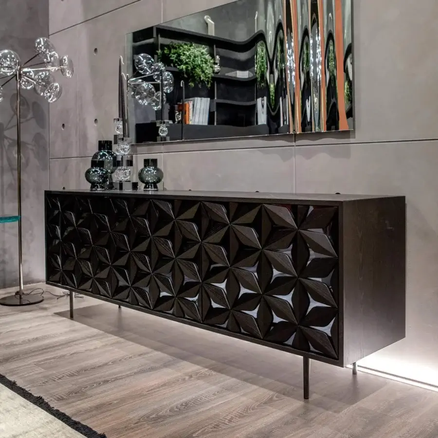 Distinguished Tonin Casa Anemos sideboard crafted in Italy with dark stained wood and a captivating matte textured geometric facade