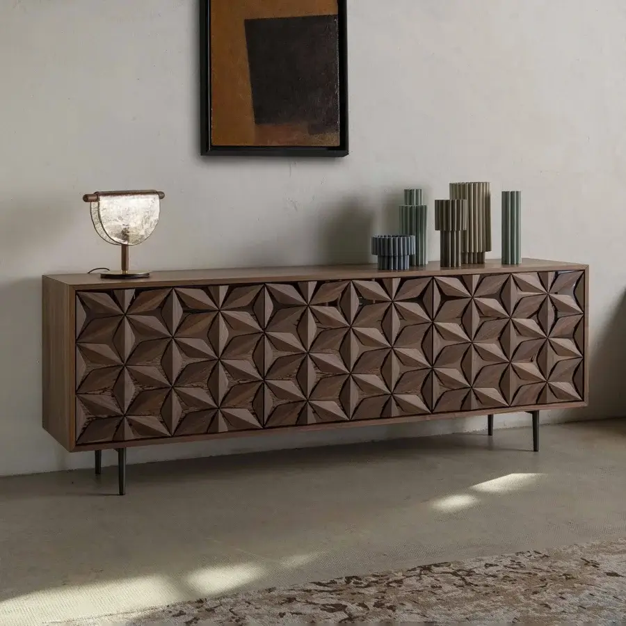 Exceptional Tonin Casa All Star sideboard with geometric solid wood petals over mirrored surfaces and satin medium-dark brown finish