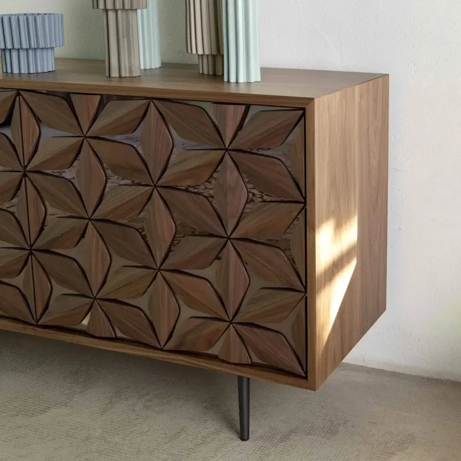 Luxury Tonin Casa All Star sideboard with geometric solid wood petals over mirrored surfaces in medium-toned brown satin finish