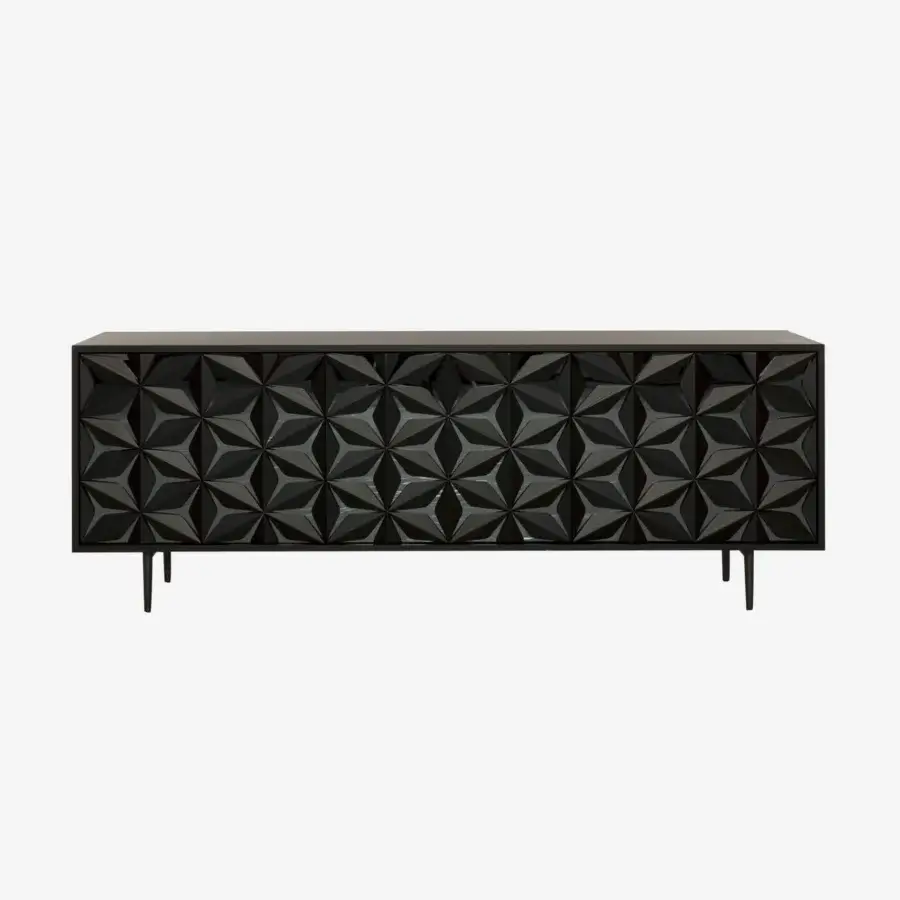 Elegant Tonin Casa All Star sideboard crafted in glossy wood with hand-applied petals over mirrored surfaces and a carbon gray metal base