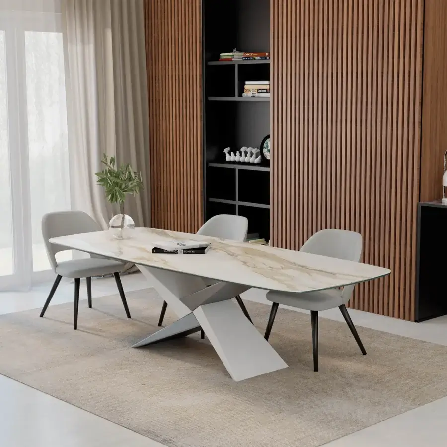 Exceptional Ivano Antonello Italia Rialto dining table with white and gray marble-like ceramic top and glossy finish, built with a black painted metal base